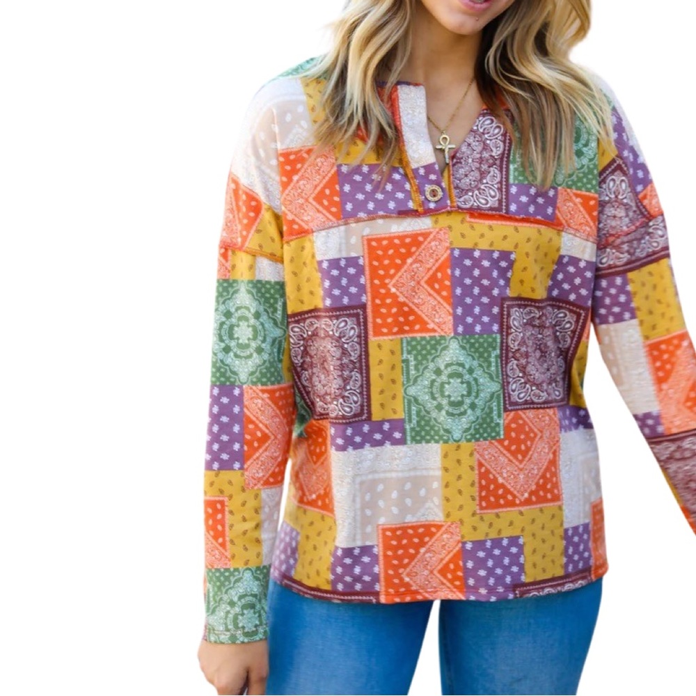 BOUTIQUE RUST OLIVE & MUSTARD PATCHWORK TOP - Picture 6 of 9